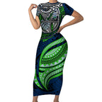 Personalised Canberra Raiders Short Sleeve Bodycon Dress Polynesian Tribal Art Style With Viking Raider Mascot
