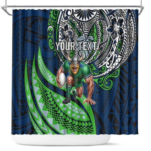 Personalised Canberra Raiders Shower Curtain Polynesian Tribal Art Style With Viking Raider Mascot