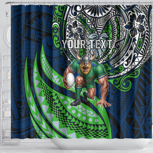 Personalised Canberra Raiders Shower Curtain Polynesian Tribal Art Style With Viking Raider Mascot