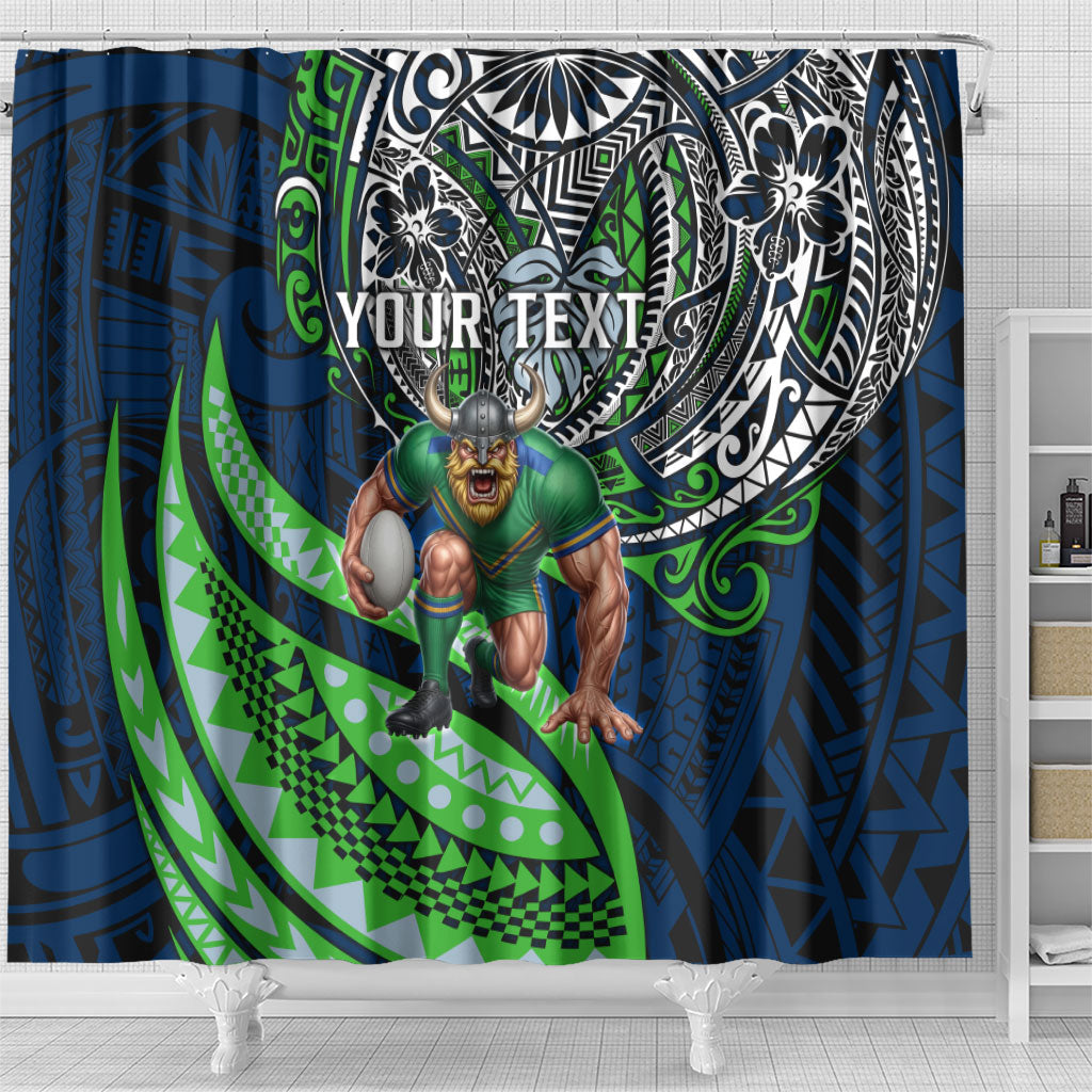 Personalised Canberra Raiders Shower Curtain Polynesian Tribal Art Style With Viking Raider Mascot