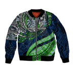 Personalised Canberra Raiders Sleeve Zip Bomber Jacket Polynesian Tribal Art Style With Viking Raider Mascot
