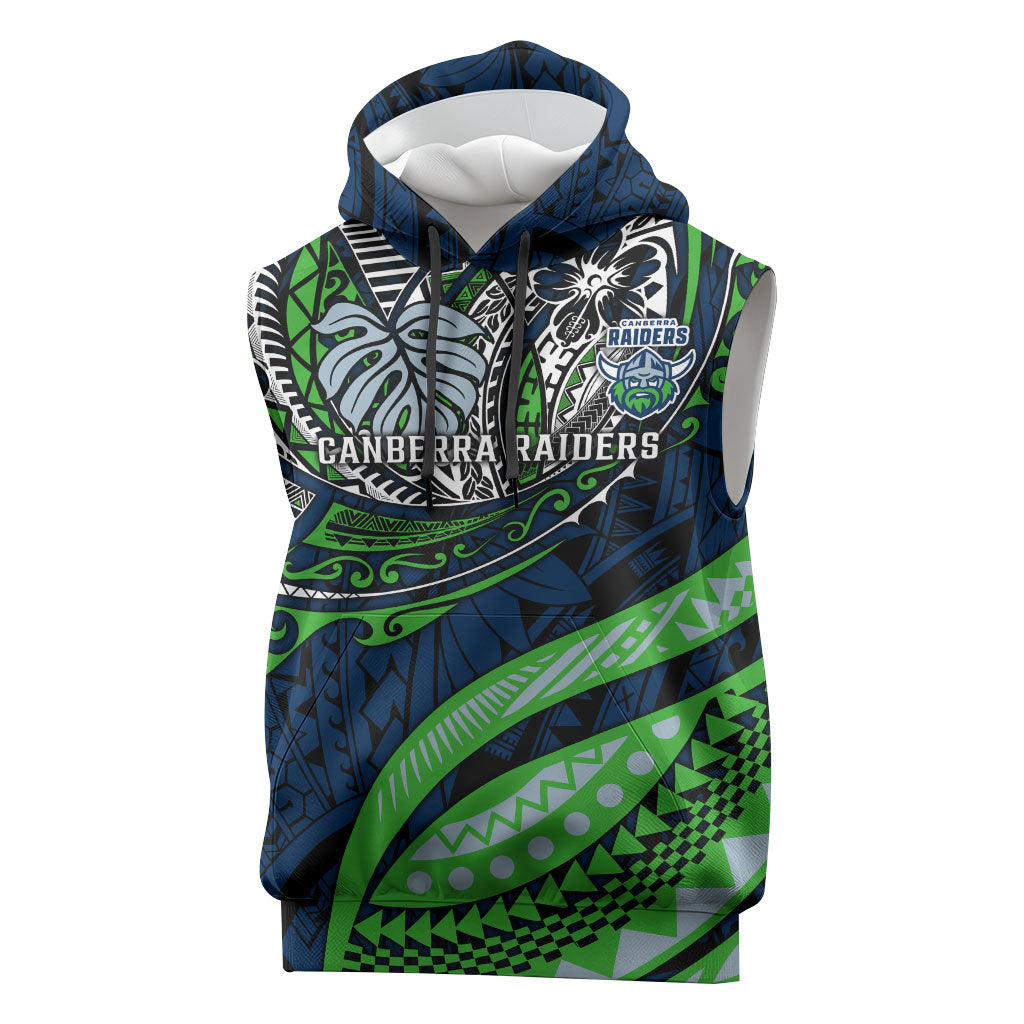 Personalised Canberra Raiders Sleeveless Hoodie Polynesian Tribal Art Style With Viking Raider Mascot