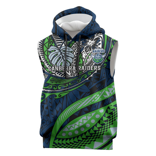 Personalised Canberra Raiders Sleeveless Hoodie Polynesian Tribal Art Style With Viking Raider Mascot