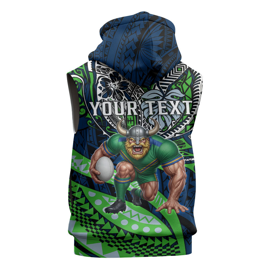 Personalised Canberra Raiders Sleeveless Hoodie Polynesian Tribal Art Style With Viking Raider Mascot