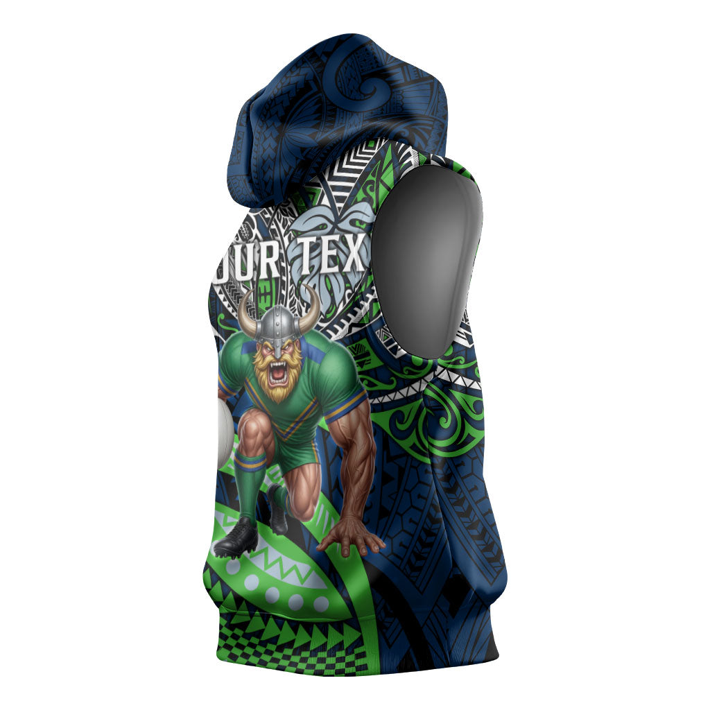 Personalised Canberra Raiders Sleeveless Hoodie Polynesian Tribal Art Style With Viking Raider Mascot
