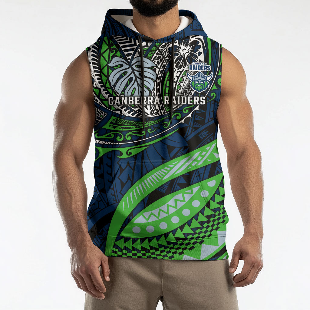 Personalised Canberra Raiders Sleeveless Hoodie Polynesian Tribal Art Style With Viking Raider Mascot