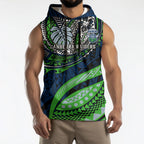 Personalised Canberra Raiders Sleeveless Hoodie Polynesian Tribal Art Style With Viking Raider Mascot