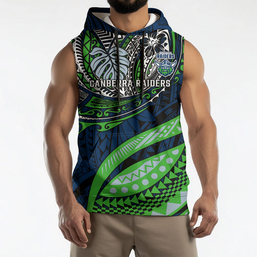 Personalised Canberra Raiders Sleeveless Hoodie Polynesian Tribal Art Style With Viking Raider Mascot