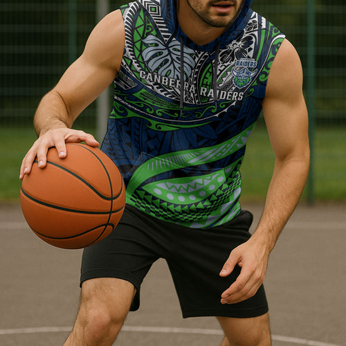 Personalised Canberra Raiders Sleeveless Hoodie Polynesian Tribal Art Style With Viking Raider Mascot