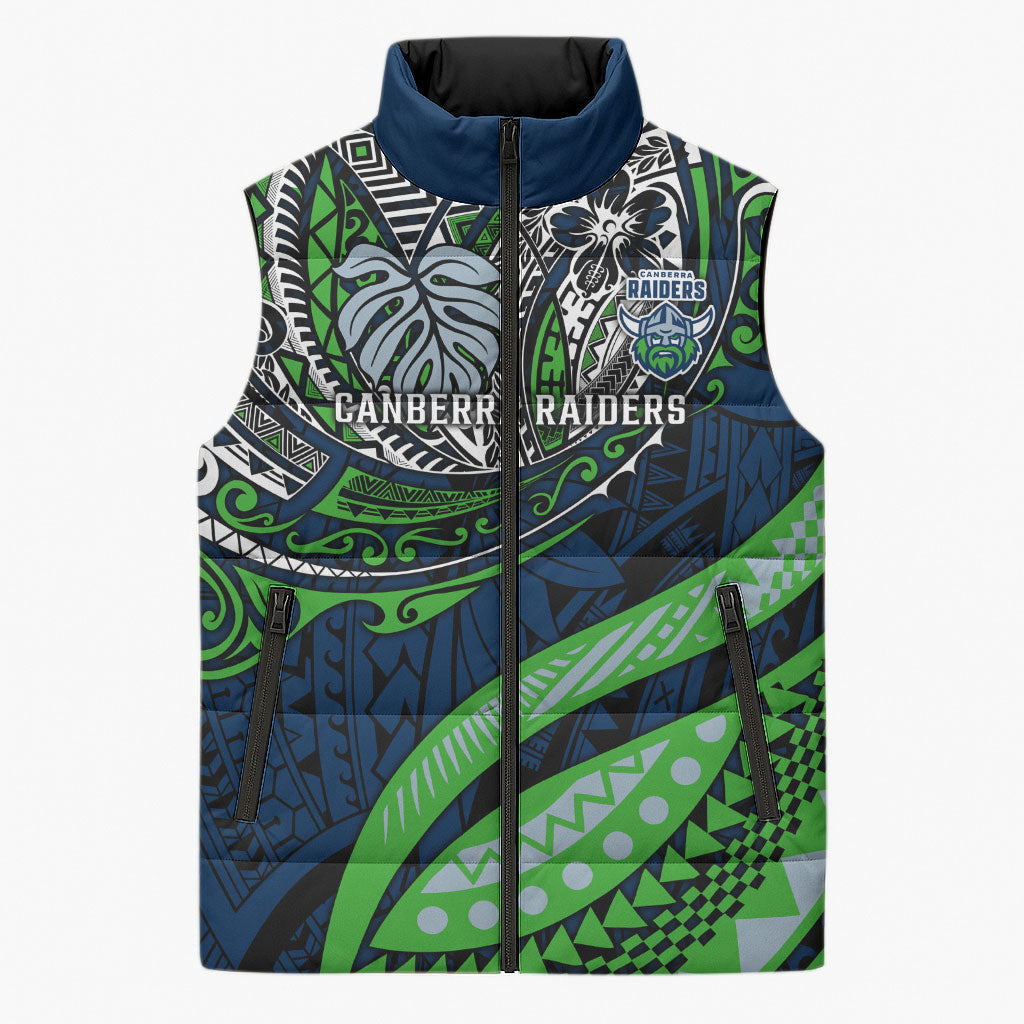 Personalised Canberra Raiders Sleeveless Puffer Jacket Polynesian Tribal Art Style With Viking Raider Mascot