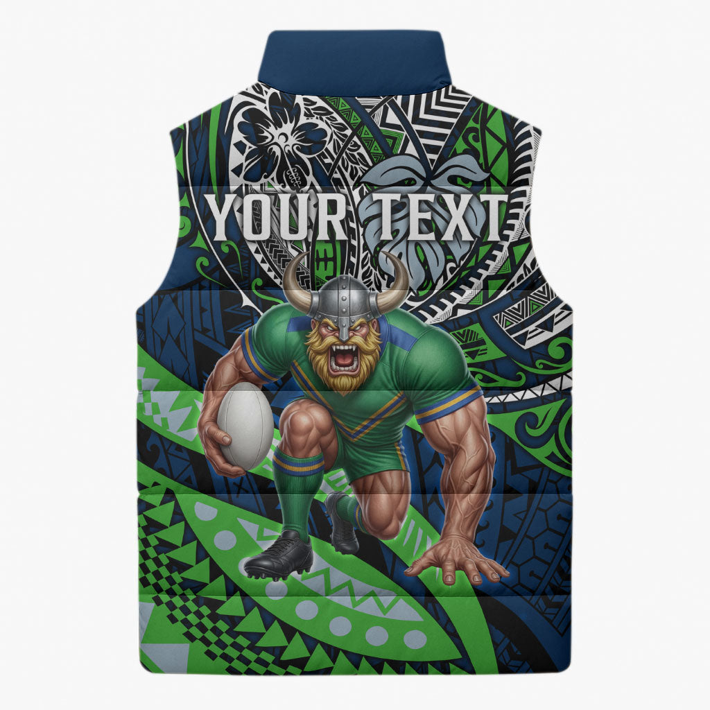 Personalised Canberra Raiders Sleeveless Puffer Jacket Polynesian Tribal Art Style With Viking Raider Mascot