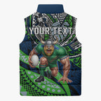 Personalised Canberra Raiders Sleeveless Puffer Jacket Polynesian Tribal Art Style With Viking Raider Mascot
