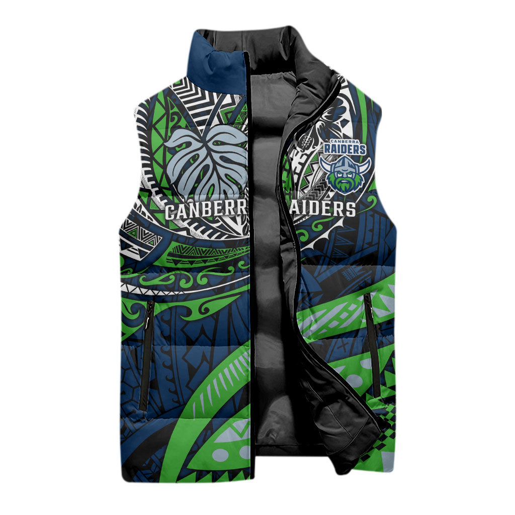 Personalised Canberra Raiders Sleeveless Puffer Jacket Polynesian Tribal Art Style With Viking Raider Mascot