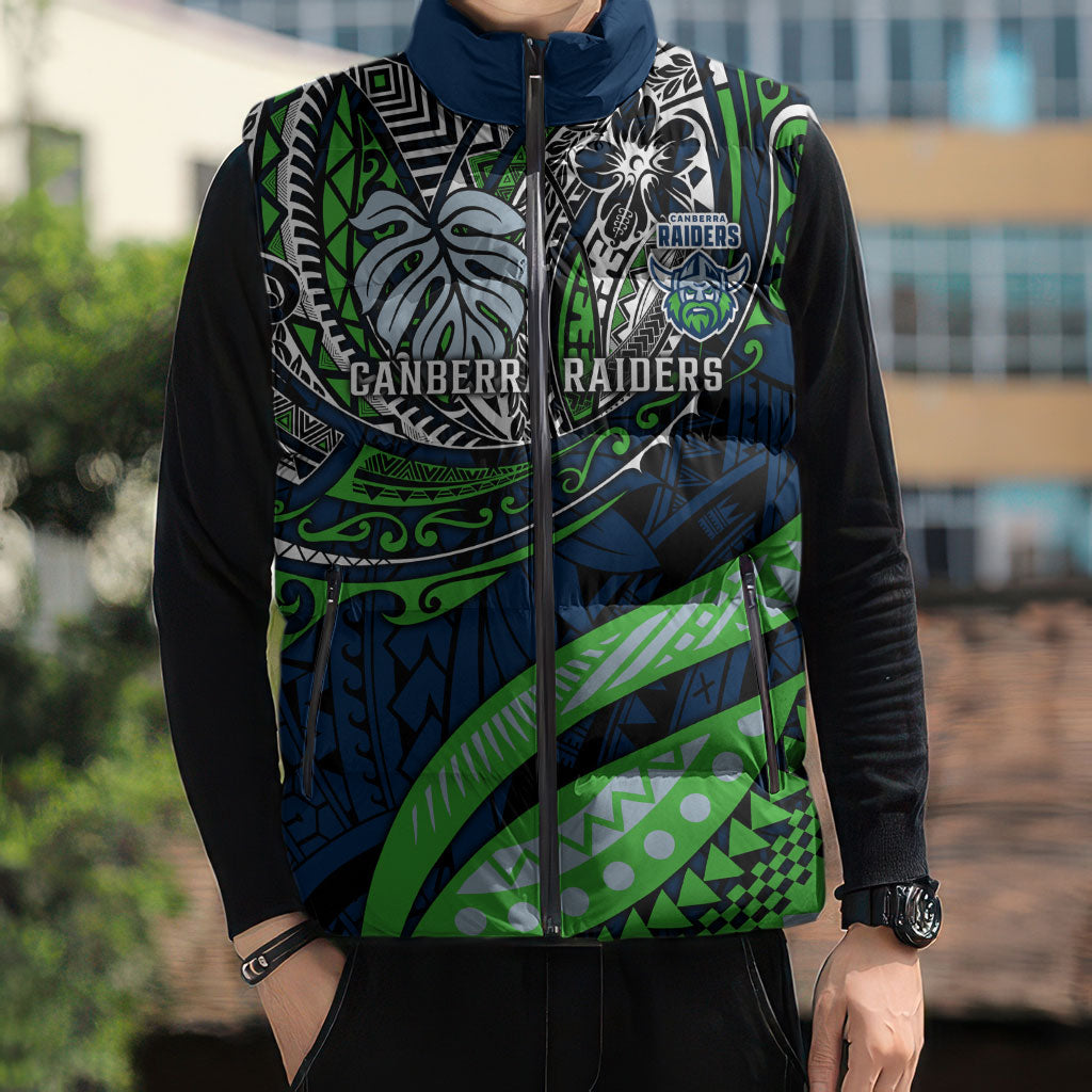 Personalised Canberra Raiders Sleeveless Puffer Jacket Polynesian Tribal Art Style With Viking Raider Mascot
