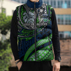 Personalised Canberra Raiders Sleeveless Puffer Jacket Polynesian Tribal Art Style With Viking Raider Mascot