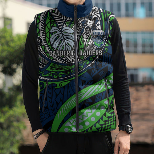 Personalised Canberra Raiders Sleeveless Puffer Jacket Polynesian Tribal Art Style With Viking Raider Mascot