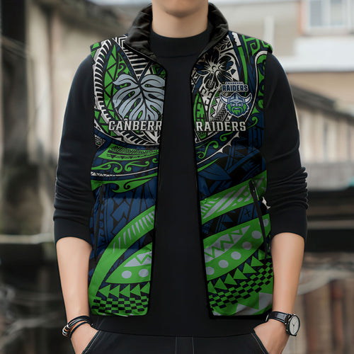 Personalised Canberra Raiders Sleeveless Puffer Jacket Polynesian Tribal Art Style With Viking Raider Mascot