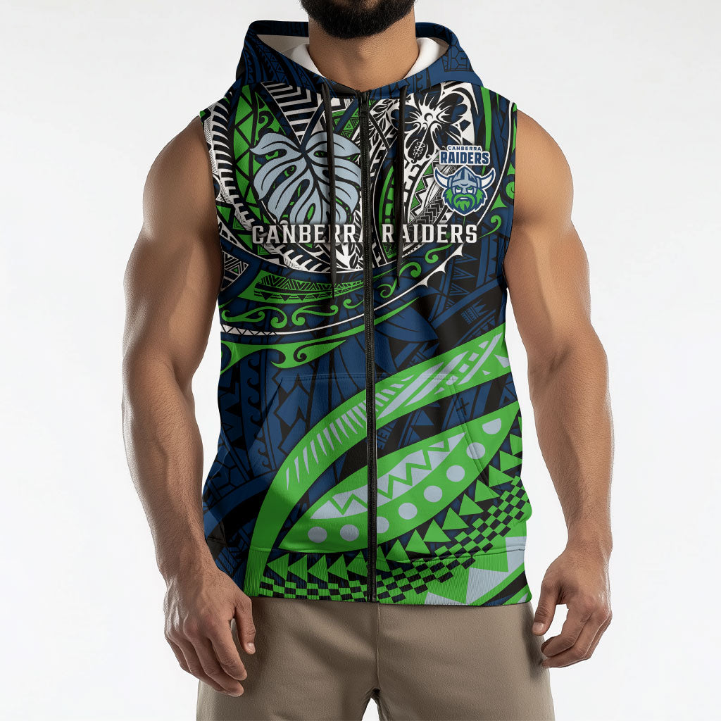 Personalised Canberra Raiders Sleeveless Zip Hoodie Polynesian Tribal Art Style With Viking Raider Mascot