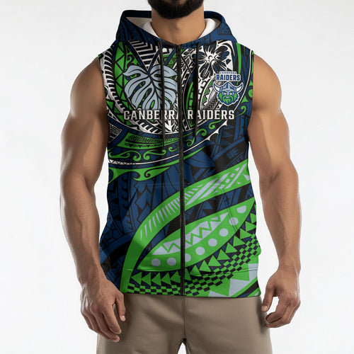 Personalised Canberra Raiders Sleeveless Zip Hoodie Polynesian Tribal Art Style With Viking Raider Mascot