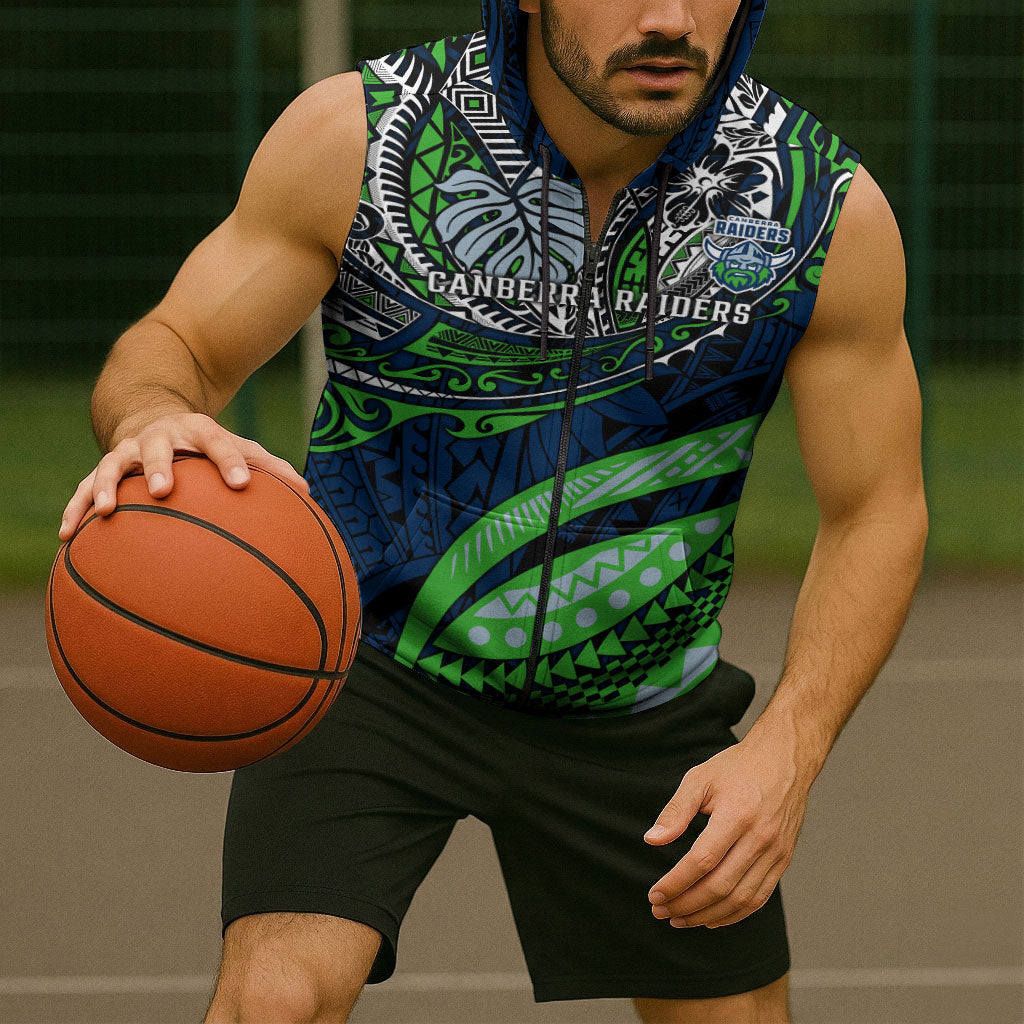 Personalised Canberra Raiders Sleeveless Zip Hoodie Polynesian Tribal Art Style With Viking Raider Mascot