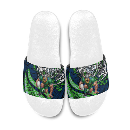 Personalised Canberra Raiders Slide Sandals Polynesian Tribal Art Style With Viking Raider Mascot