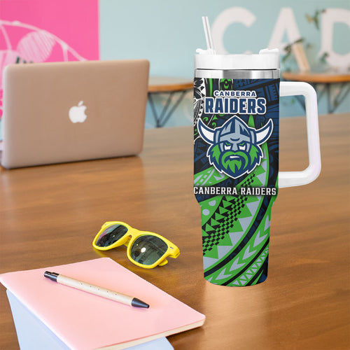 Personalised Canberra Raiders Tumbler With Handle Polynesian Tribal Art Style With Viking Raider Mascot
