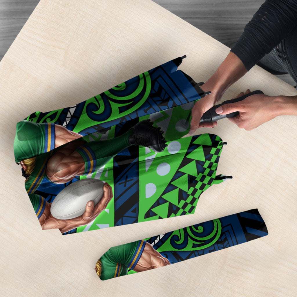 Personalised Canberra Raiders Umbrella Polynesian Tribal Art Style With Viking Raider Mascot