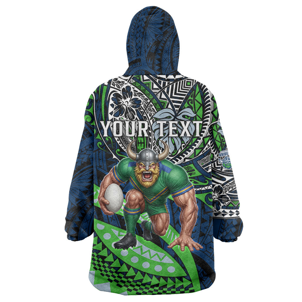 Personalised Canberra Raiders Wearable Blanket Hoodie Polynesian Tribal Art Style With Viking Raider Mascot