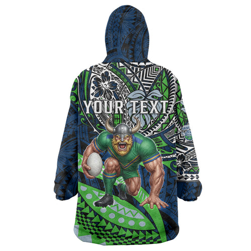 Personalised Canberra Raiders Wearable Blanket Hoodie Polynesian Tribal Art Style With Viking Raider Mascot