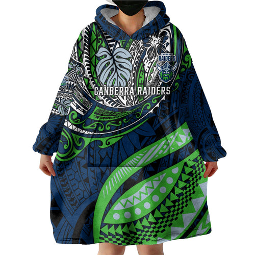 Personalised Canberra Raiders Wearable Blanket Hoodie Polynesian Tribal Art Style With Viking Raider Mascot