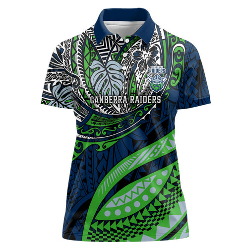Personalised Canberra Raiders Women Polo Shirt Polynesian Tribal Art Style With Viking Raider Mascot
