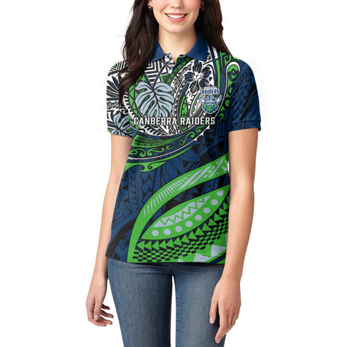 Personalised Canberra Raiders Women Polo Shirt Polynesian Tribal Art Style With Viking Raider Mascot