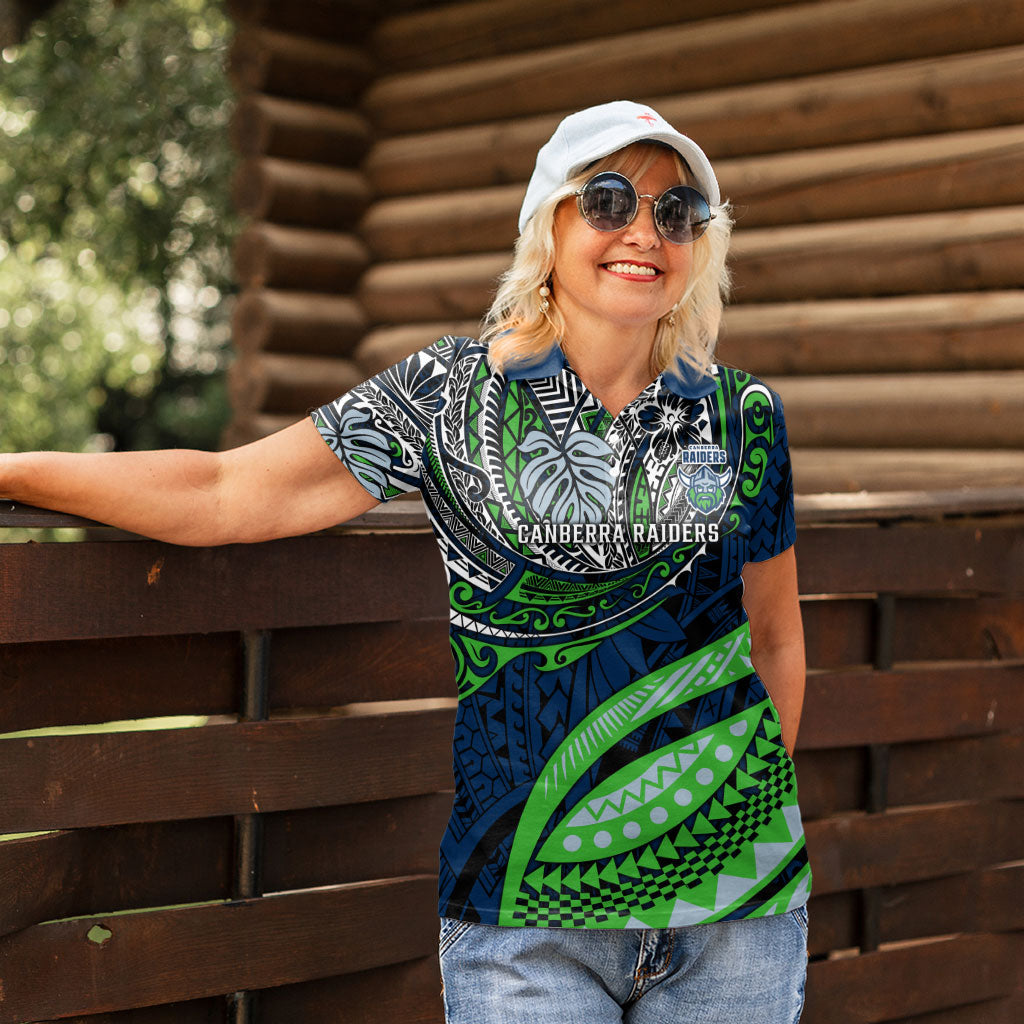 Personalised Canberra Raiders Women Polo Shirt Polynesian Tribal Art Style With Viking Raider Mascot