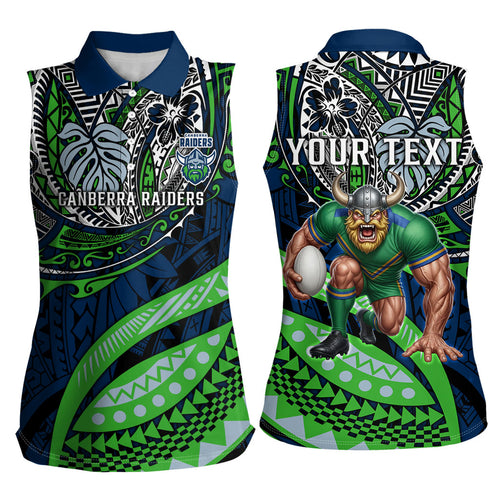 Personalised Canberra Raiders Women Sleeveless Polo Shirt Polynesian Tribal Art Style With Viking Raider Mascot