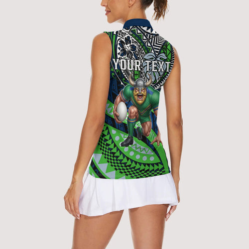 Personalised Canberra Raiders Women Sleeveless Polo Shirt Polynesian Tribal Art Style With Viking Raider Mascot