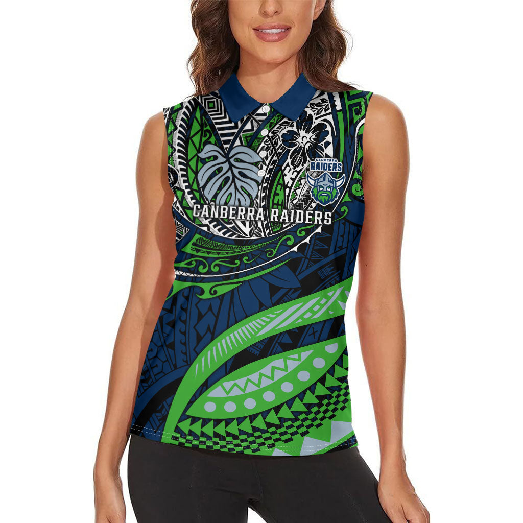 Personalised Canberra Raiders Women Sleeveless Polo Shirt Polynesian Tribal Art Style With Viking Raider Mascot