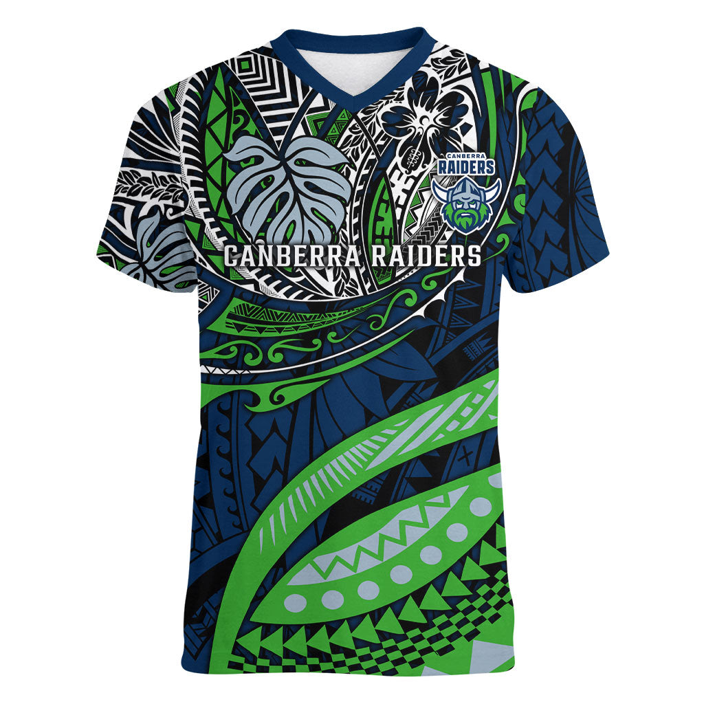 Personalised Canberra Raiders Women V-Neck T-Shirt Polynesian Tribal Art Style With Viking Raider Mascot