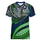 Personalised Canberra Raiders Women V-Neck T-Shirt Polynesian Tribal Art Style With Viking Raider Mascot