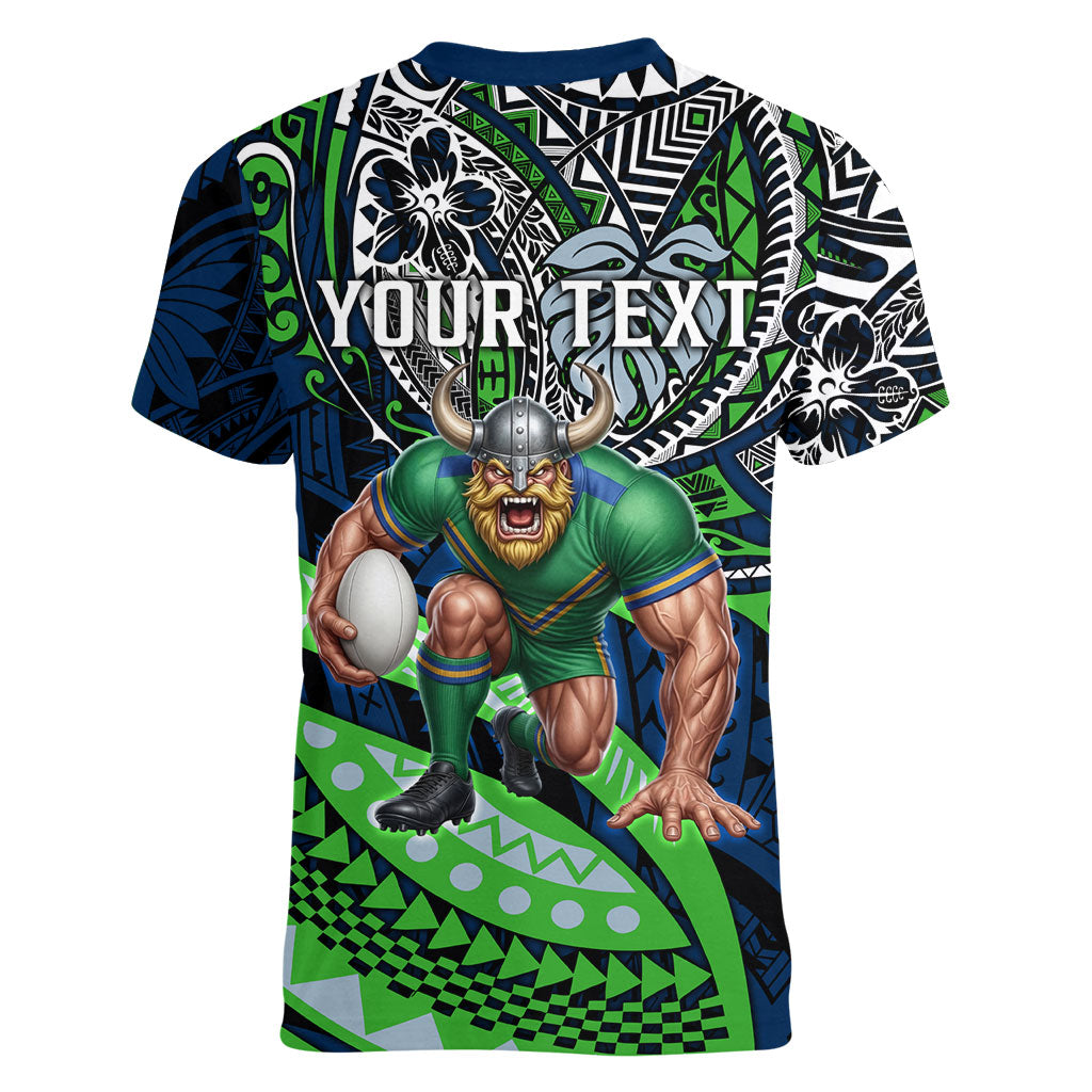 Personalised Canberra Raiders Women V-Neck T-Shirt Polynesian Tribal Art Style With Viking Raider Mascot