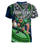 Personalised Canberra Raiders Women V-Neck T-Shirt Polynesian Tribal Art Style With Viking Raider Mascot