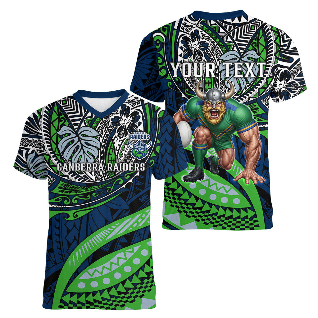 Personalised Canberra Raiders Women V-Neck T-Shirt Polynesian Tribal Art Style With Viking Raider Mascot