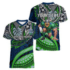 Personalised Canberra Raiders Women V-Neck T-Shirt Polynesian Tribal Art Style With Viking Raider Mascot