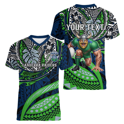 Personalised Canberra Raiders Women V-Neck T-Shirt Polynesian Tribal Art Style With Viking Raider Mascot