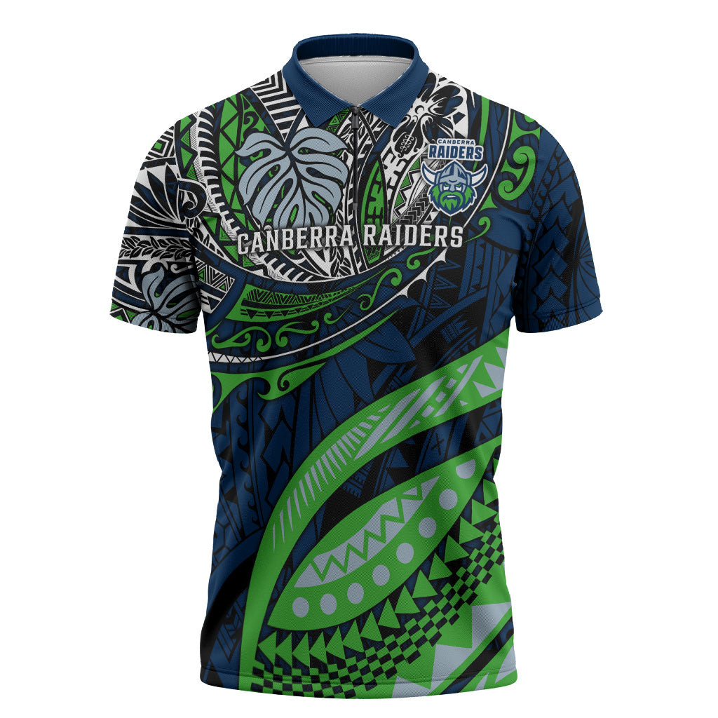 Personalised Canberra Raiders Zipper Polo Shirt Polynesian Tribal Art Style With Viking Raider Mascot