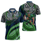 Personalised Canberra Raiders Zipper Polo Shirt Polynesian Tribal Art Style With Viking Raider Mascot