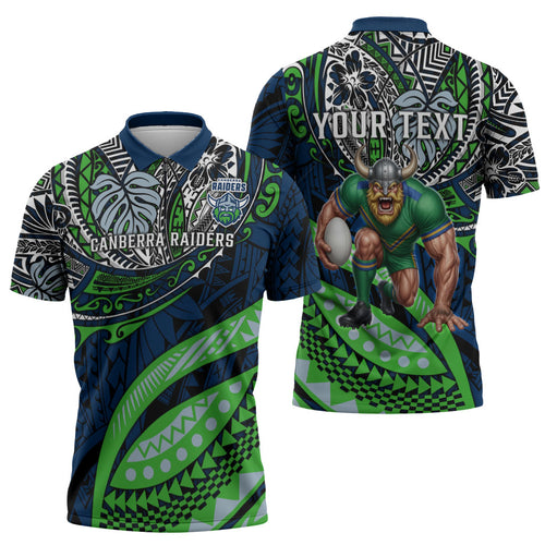 Personalised Canberra Raiders Zipper Polo Shirt Polynesian Tribal Art Style With Viking Raider Mascot