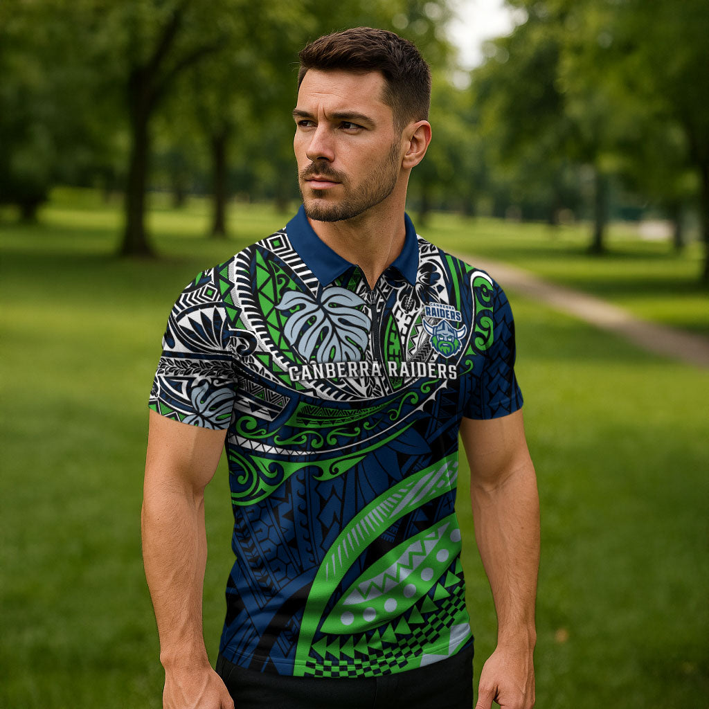 Personalised Canberra Raiders Zipper Polo Shirt Polynesian Tribal Art Style With Viking Raider Mascot