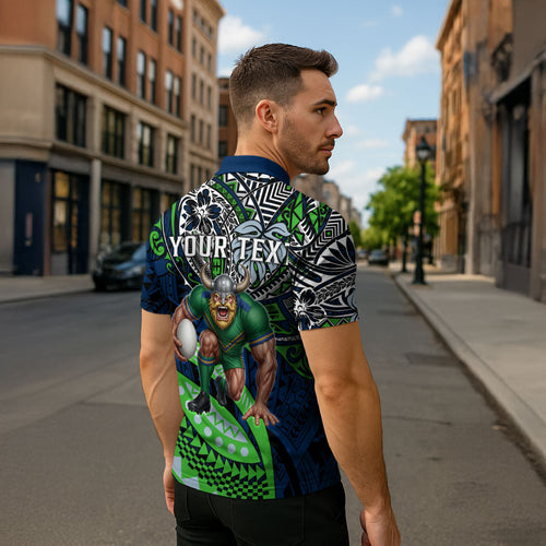 Personalised Canberra Raiders Zipper Polo Shirt Polynesian Tribal Art Style With Viking Raider Mascot