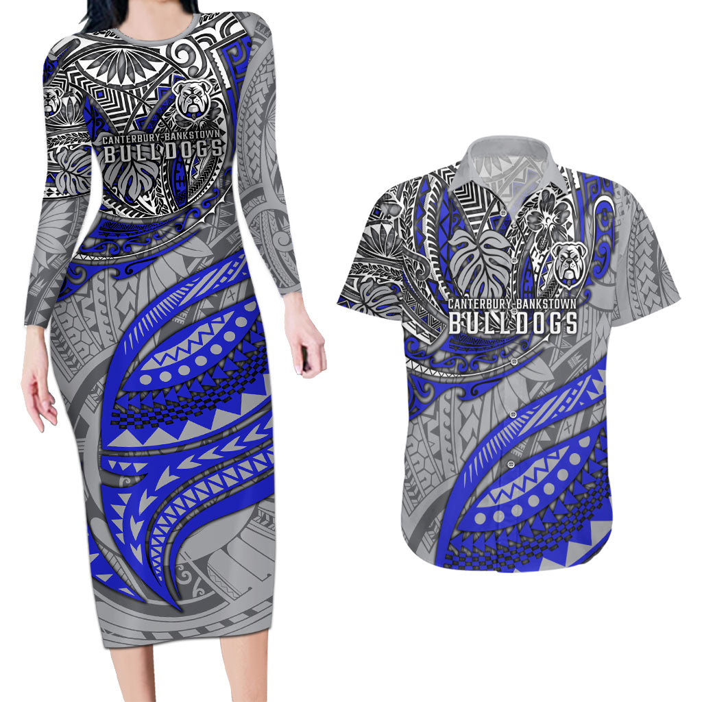 Personalised Canterbury-Bankstown Bulldogs Couples Matching Long Sleeve Bodycon Dress and Hawaiian Shirt Polynesian Tribal Art Style With Powerful Bulldog Mascot