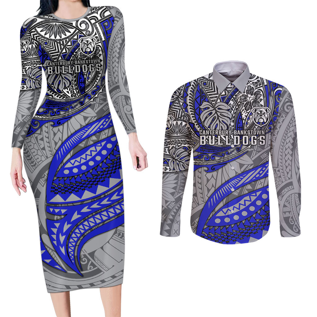 Personalised Canterbury-Bankstown Bulldogs Couples Matching Long Sleeve Bodycon Dress and Long Sleeve Button Shirt Polynesian Tribal Art Style With Powerful Bulldog Mascot